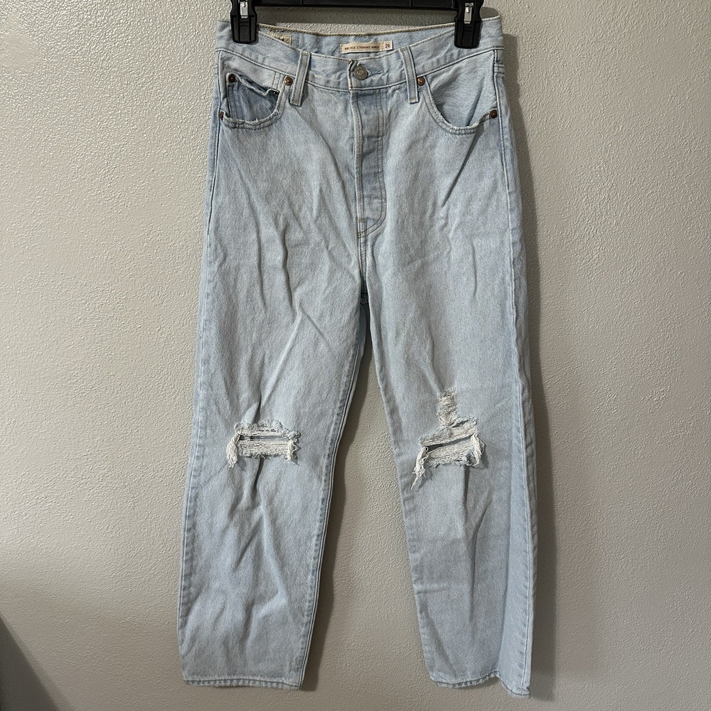 Levi's Premium Ribcage Straight Ankle Jeans Women's‎ Sz 26 Light Wash Distressed